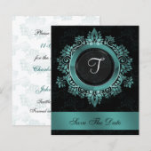 Budget Elegant Monogram Aqua Save the Date (Vorne/Hinten)