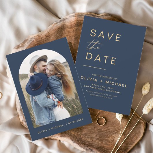 Budget Elegant Navy Blue Save the Date Foto Flye