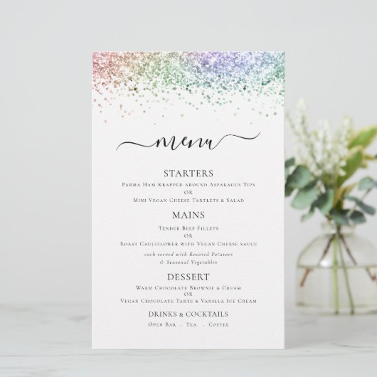 Budget Elegant Rainbow Glitzer Wedding Menu (Stehend Vorderseite)