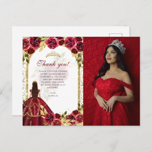 Budget Elegant Red Floral Photo Quinceañera Postkarte (Vorne/Hinten)