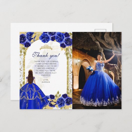 Budget Elegant Royal Blue Floral Foto Quinceañera Postkarte (Vorne/Hinten)