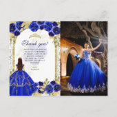 Budget Elegant Royal Blue Floral Foto Quinceañera Postkarte (Vorderseite)