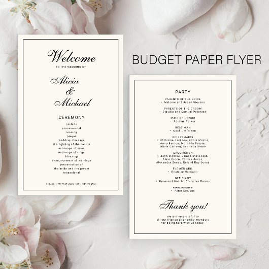 Budget elegant simple black ivory wedding program flyer