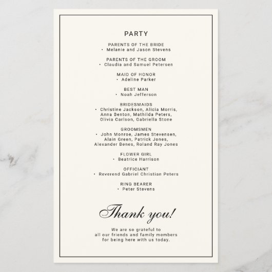 Budget elegant simple black ivory wedding program flyer (Hinten)