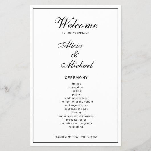 Budget elegant simple black white wedding program flyer (Vorne)
