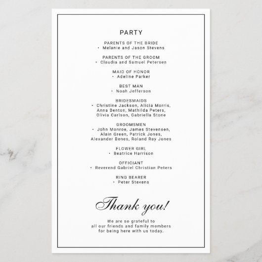 Budget elegant simple black white wedding program flyer (Hinten)