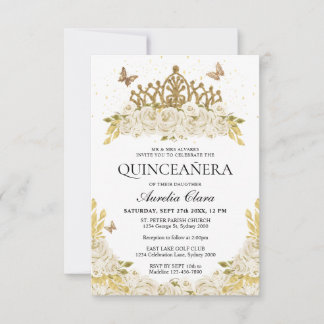 Budget Elegant White Floral Gold Tiara Quinceanera Mitteilungskarte