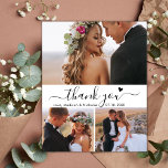 Budget Elegante 3 Foto Collage Wedding Vielen Dank Postkarte<br><div class="desc">Budget Stilvolle handgeschriebene Script 3 Foto Collage Wedding Vielen Dank Postcard. Minimalistische Hochzeit Dankeschön Karte Vorlage mit 3 Foto auf der Vorderseite und ein Foto auf der Rückseite. Mit dem Text "Danke" in einer Wirblen Hand schreiben Typografie Skript-Schriftart mit Swash-Schwanz und kleine Liebe Herz in Schwarz-Weiß. Einfach Ihren individuelle Name...</div>