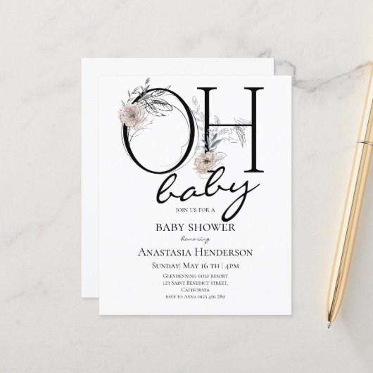 Budget Elegante Baby Dusche Einladung. (Vorderseite/Rückseite Beispiel)