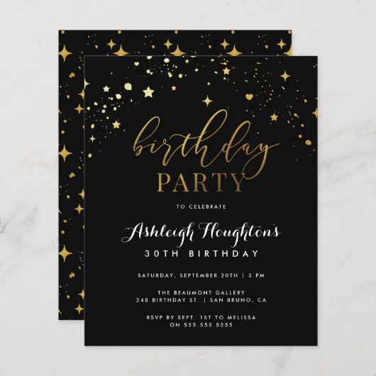 Budget Elegante Black & Gold Star Confetti Geburts (Vorne/Hinten)