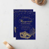 BUDGET Elegante Blue Gold Masquerade Quinceañera Mitteilungskarte (Vorderseite/Rückseite Beispiel)