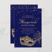 BUDGET Elegante Blue Gold Masquerade Quinceañera Mitteilungskarte (Vorne/Hinten)