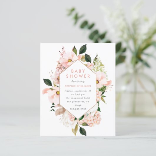 Budget Elegante Blush & Gold Floral Baby Dusche (Stehend Vorderseite)