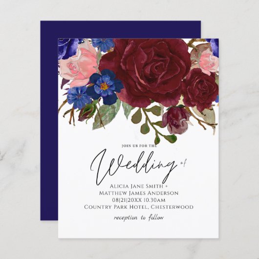 BUDGET Elegante Burgundy Blue Floral Wedding Einla (Vorne/Hinten)