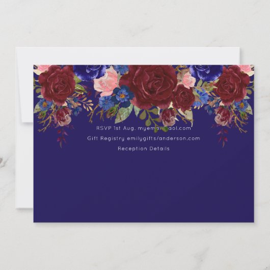 BUDGET Elegante Burgundy Blue Floral Wedding Einla Einladung (Rückseite)