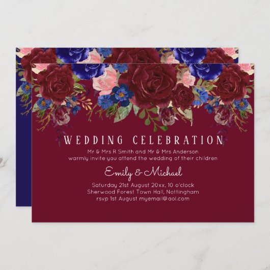 BUDGET Elegante Burgundy Blue Floral Wedding Einla Einladung (Vorne/Hinten)