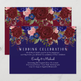 BUDGET Elegante Burgundy Blue Floral Wedding Einla Einladung