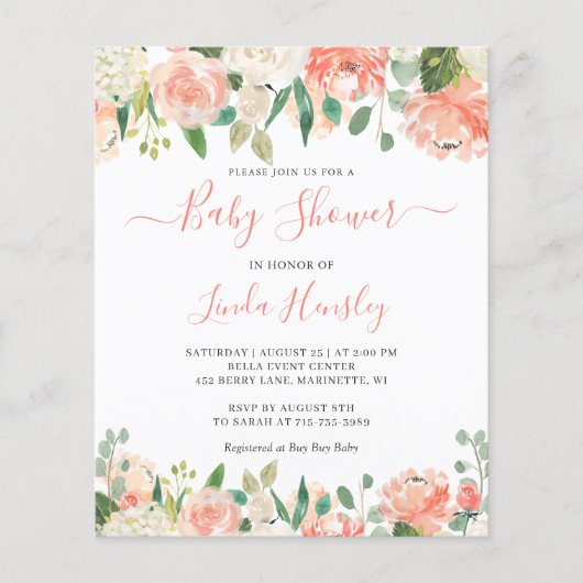 Budget Elegante Coral Floral Baby Dusche Einladung (Vorderseite)