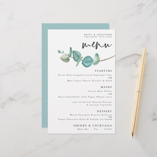 Budget Elegante Eukalyptus Wedding Menu (Vorderseite/Rückseite Beispiel)