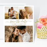 Budget Elegante FotoCollage Save the Date Flyer<br><div class="desc">Budget elegante moderne Gold-und Weiß-Drehbuch 3 Foto Collage Hochzeit sparen das Datum Ankündigung personalisiert erschwinglichen Low Budget Flyer. Chic minimalistisches Design-Template verfügt über drei (3) Paar Foto Collage und elegante kursive Hand Schrift Schrift "Save the Date" Text in Gold auf weißem Hintergrund. ***BEACHTE! *** HAUSHALTSPAPIER/FLYER IST PAPIERTHIN. KEINE ENVELOPEN SIND...</div>