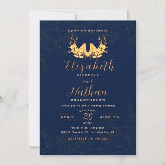 Budget Elegante Gold Birds Navy Wedding Einladung (Vorderseite)