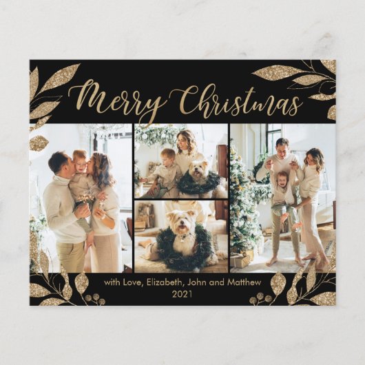 Budget Elegante Gold Blätter Foto Weihnachtskarte (Vorderseite)