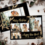 Budget Elegante Gold Blätter Foto Weihnachtskarte<br><div class="desc">Budget, Elegante, Moderne Schwarz und Gold Botanische Blätter 4 Foto Collage Frohe Weihnachtskarte. Dieses festliche, mimimalistische, skurrile vier (4) Foto-Urlaubskarte-Template verfügt über eine hübsche Foto-Collage, Imitate Gold-Folie botanische Blätter, Winterbeeren und sagt Frohe Weihnachten und Glück Neues Jahr! Der Grußtext "Frohe Weihnachten und Glück im neuen Jahr!" ist in einem handgeschriebenen...</div>