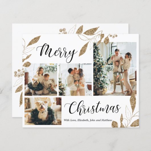 Budget Elegante Gold Blätter Foto Weihnachtskarte (Vorne/Hinten)