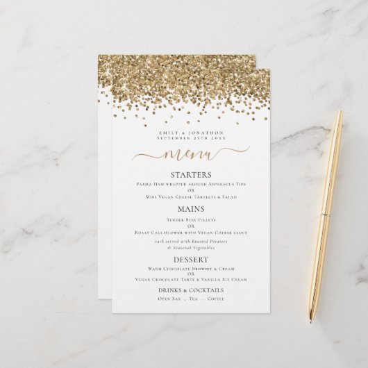 Budget Elegante Gold Glitzer Hochzeitsmenü (Vorderseite/Rückseite Beispiel)