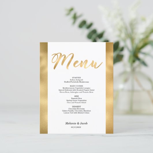 Budget Elegante Gold Scripture Flat Menu Card (Stehend Vorderseite)