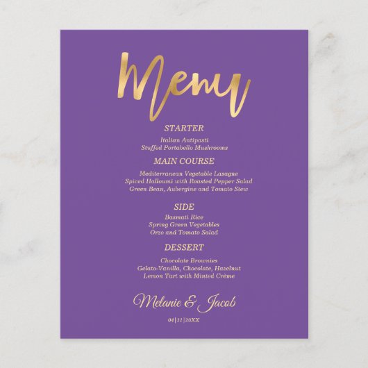 Budget Elegante Lila Scripture Gold Menü Karte (Vorderseite)