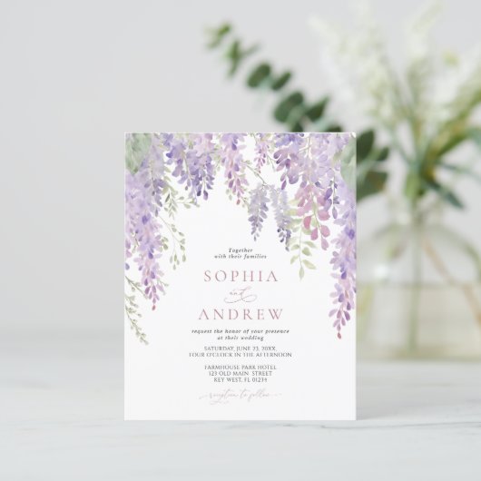 Budget Elegante Lila Wisteria Wedding Einladung (Stehend Vorderseite)