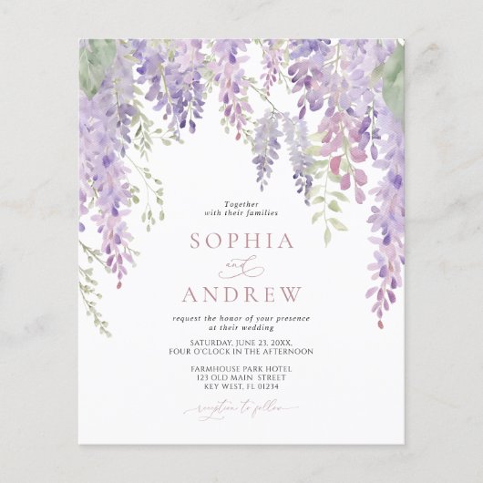 Budget Elegante Lila Wisteria Wedding Einladung (Vorderseite)
