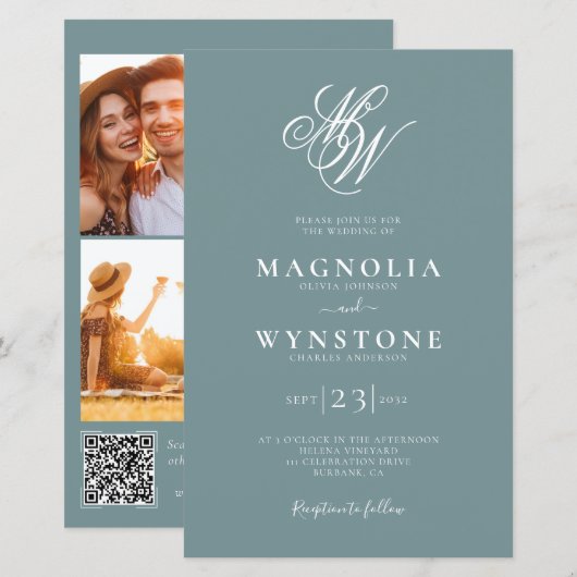 Budget Elegante Monogram QR Code Einladung Hochzei (Vorne/Hinten)