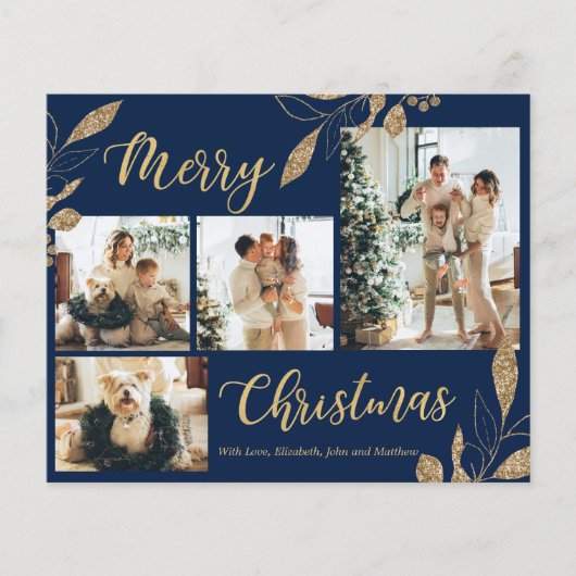 Budget Elegante Navy Blue Gold Foto Weihnachtskart (Vorderseite)