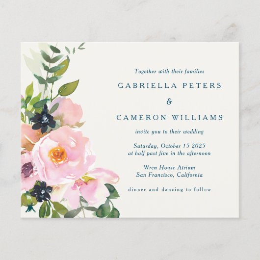 Budget Elegante rosa blaue Wasserfarbenhochzeit (Vorderseite)