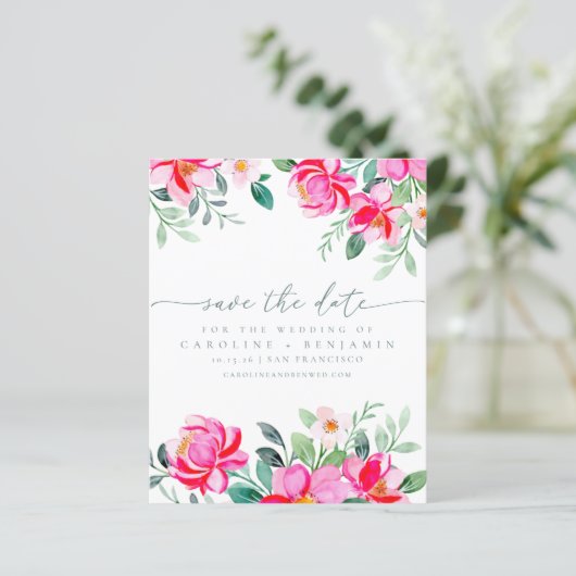 Budget Elegante rosa Blumenschrift Save the Date (Stehend Vorderseite)