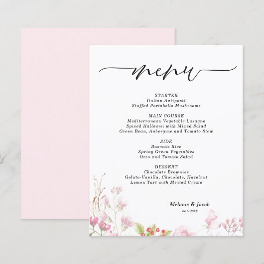 Budget Elegante rosa Floral Flat Menu Karte (Vorne/Hinten)