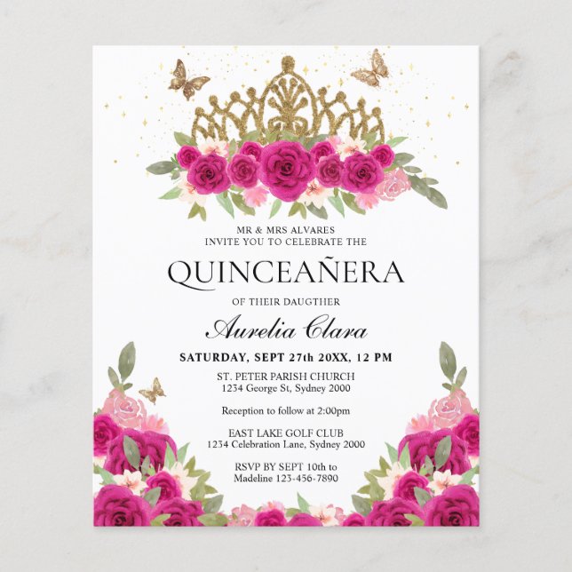 BUDGET Elegante Rosa Floral Gold Tiara Quinceanera (Vorderseite)