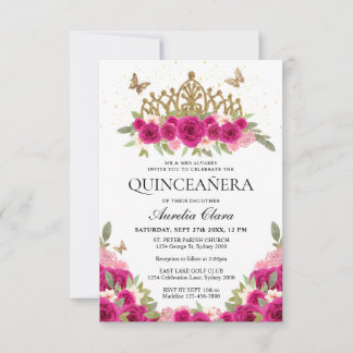 BUDGET Elegante Rosa Floral Gold Tiara Quinceanera Mitteilungskarte