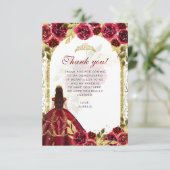 Budget Elegante Rote Flora Foto Quinceañera Dankeskarte (Stehend Vorderseite)