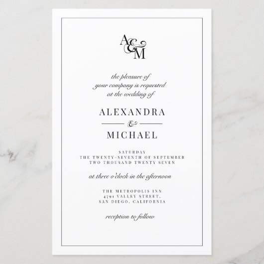 Budget Elegante Schwarz-weiße Hochzeitseinladung (Vorderseite)