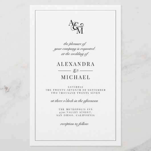 Budget Elegante Schwarz-weiße Hochzeitseinladung (Vorderseite)