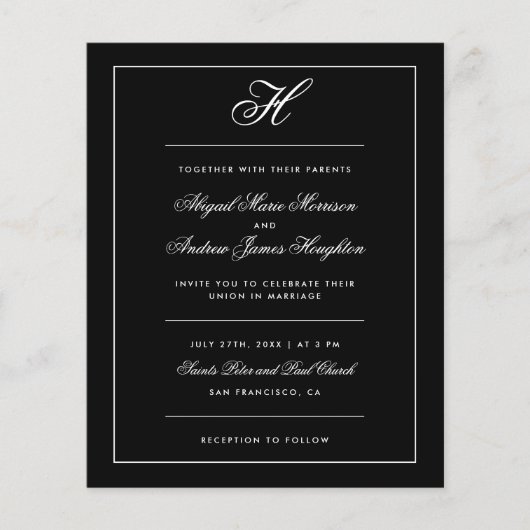 Budget Elegante Schwarz-weiße Monogram Script Hoch (Vorderseite)