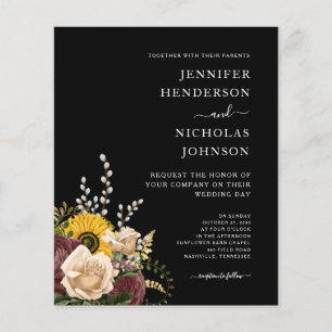 Budget Elegante schwarze Blumen-Hochzeitseinladung Flyer