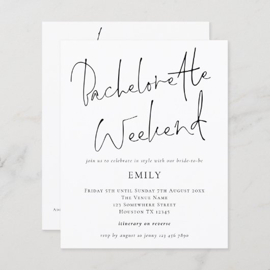 Budget Elegante Script Bachelorette Wochenende Ein (Vorne/Hinten)