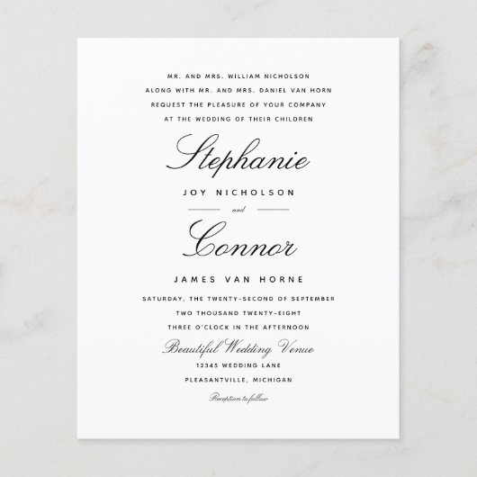 Budget Elegante Script Black Wedding Einladung (Vorderseite)