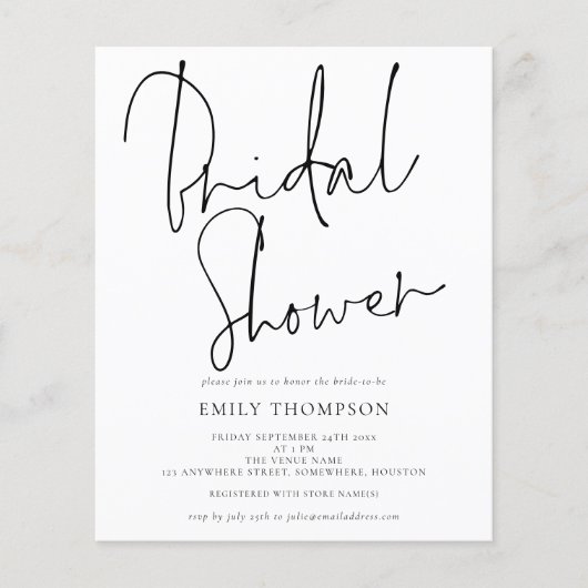 Budget Elegante Script Bridal Dusche Einladung (Vorderseite)