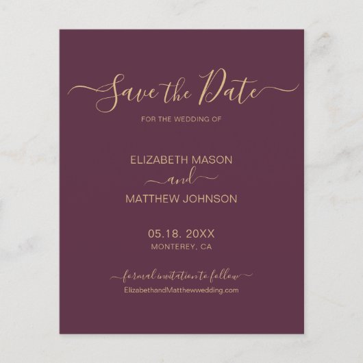 Budget Elegante Script Burgundy Gold Save the Date Flyer (Vorne)
