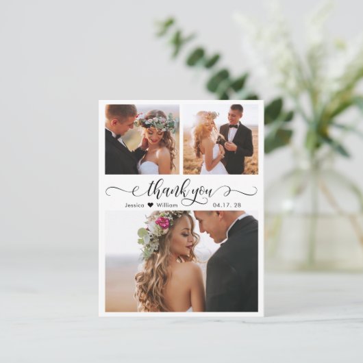 Budget Elegante Script Collage Wedding Vielen Dank Postkarte (Stehend Vorderseite)